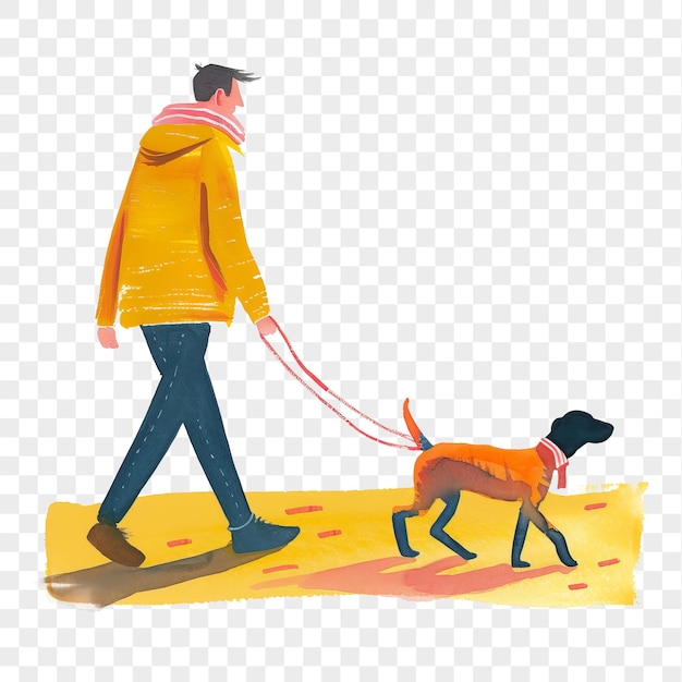Estilo vectorial de niño paseando con perro aislado en fondo transparente PNG