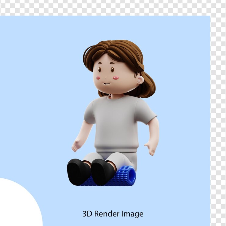 PSD estiramiento de entrenamiento de mujer de renderizado 3d con rodillo de espuma