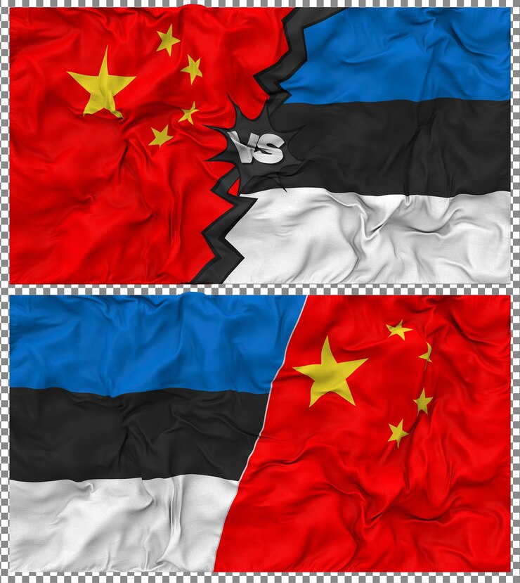 PSD estland gegen china halbkombinierte flagge stoff bump textur 3d-rendering