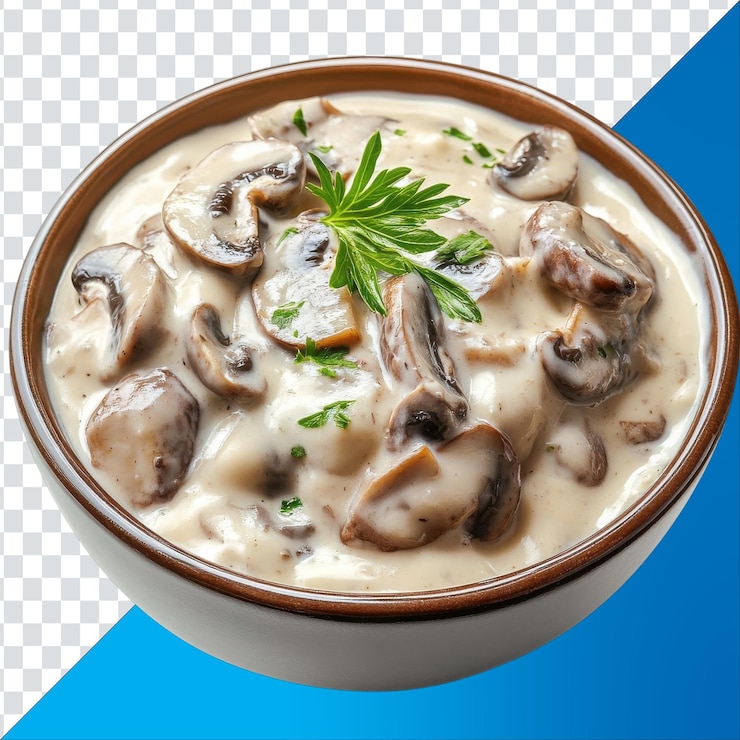 PSD estofado de setas cremoso servido en un cuenco rústico adornado con hierbas frescas para una experiencia de comida acogedora