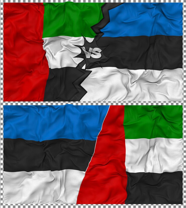 PSD estonia vs united arab emirates half combined flag cloth bump texture 3d rendering