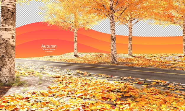 PSD estrada de outono com árvores de outono e folhas secas criador de cena de outono bétula no outono