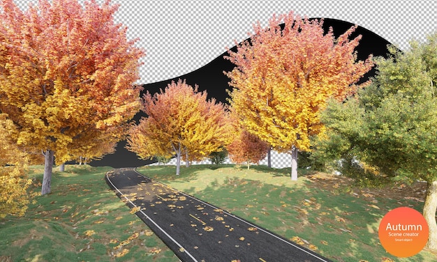 PSD estrada de outono com árvores de outono e folhas secas criador de cena de outono grama verde