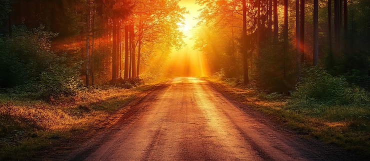 PSD estrada iluminada pelo sol através da floresta