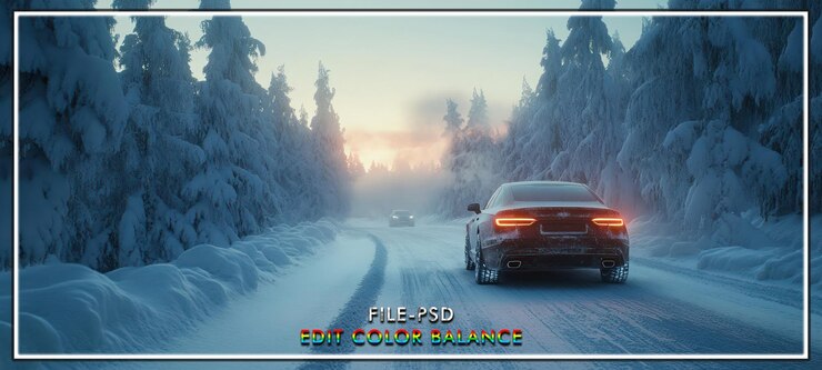 PSD estrada nevada, pôr do sol, condução de carro de inverno.