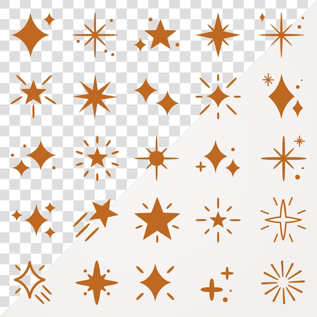 Estrelas cintilantes ícone png definido em estilo marrom plano