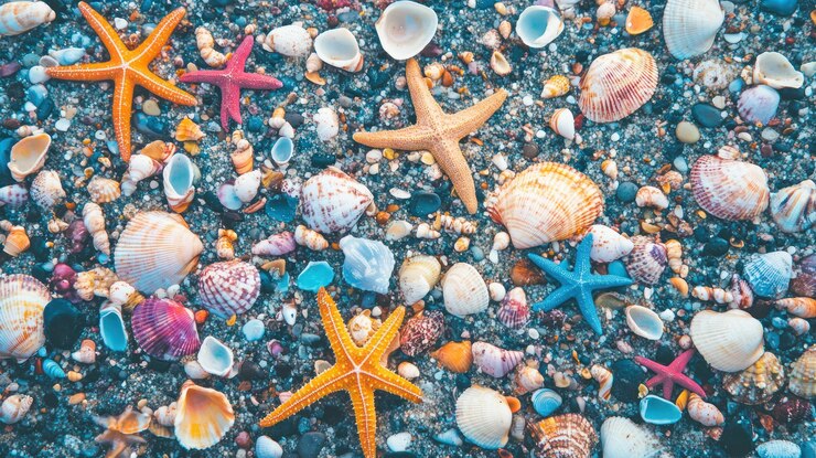 PSD estrelas de mar e conchas coloridas espalhadas pela praia de areia