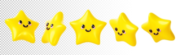 Estrella amarilla sonriente con cara feliz conjunto de iconos de renderizado 3d personaje emoji de sonrisa aislada de dibujos animados en diferentes ángulos vista encuesta de satisfacción de calificación de buena retroalimentación o revisión positiva ilustración 3d