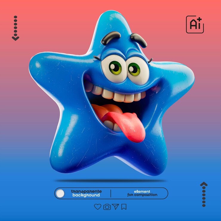 PSD una estrella azul con una gran sonrisa en ella