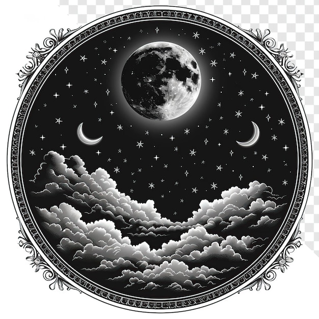 PSD las estrellas del cielo y el contorno de la luna icono redondo en blanco y negro