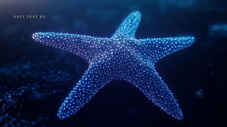 PSD estrellas de mar digitales brillantes en el océano azul oscuro