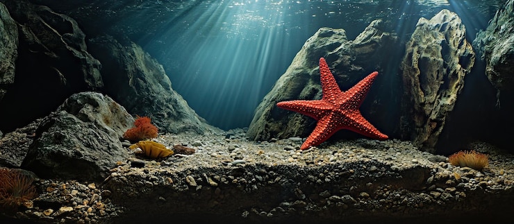 PSD las estrellas de mar rojas en el fondo del océano