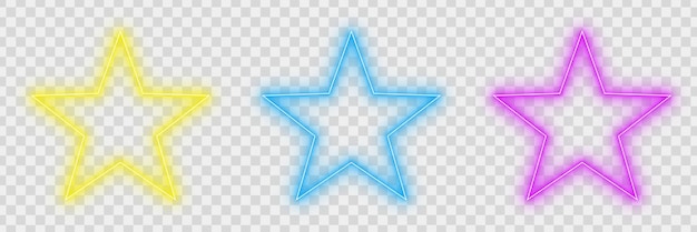 Las estrellas de neón brillantes son de color amarillo azul púrpura con un fondo transparente y formas de estrellas aisladas en capas.