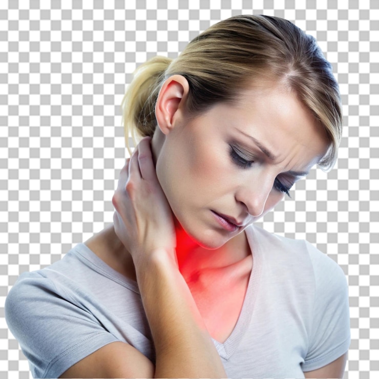 PSD estresado cansado y mujer con dolor de cuello con resaltos rojos en fondo transparente