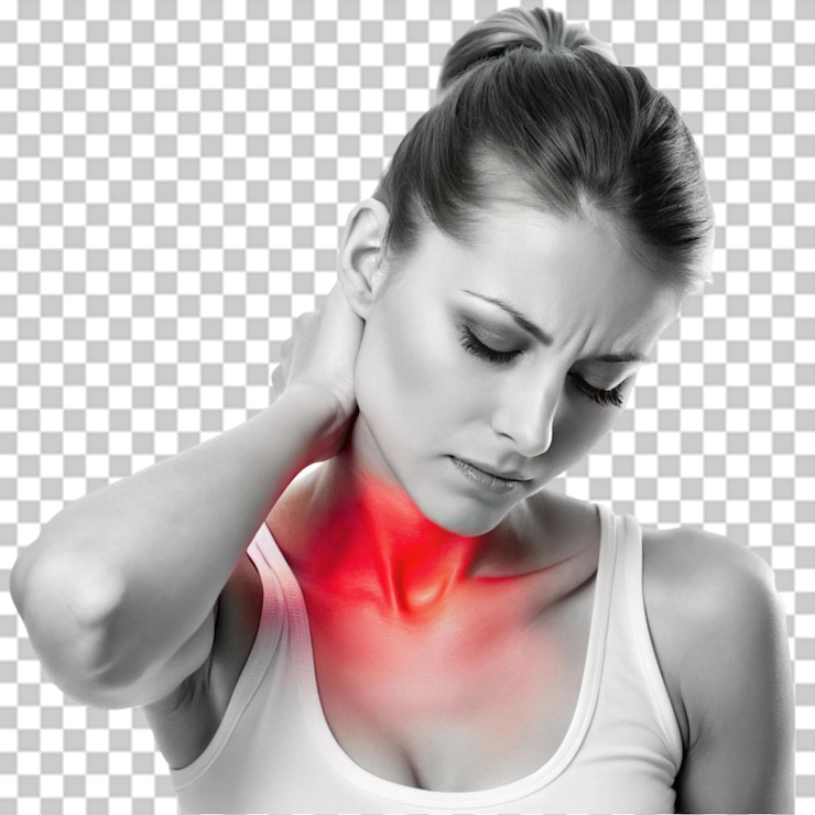 PSD estresado cansado y mujer con dolor de cuello con resaltos rojos en fondo transparente