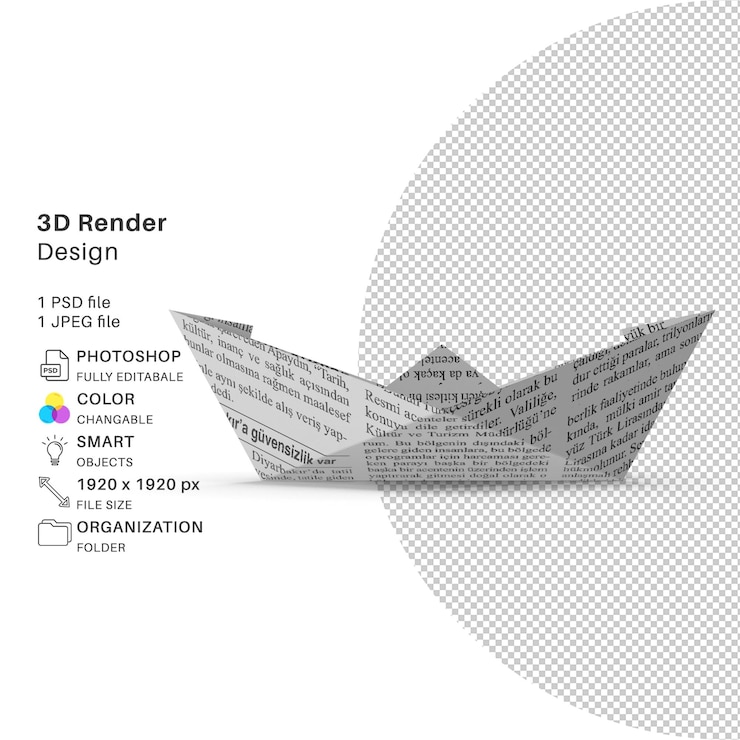 PSD estructura de barco de papel modelado 3d archivo psd barco de papel realista