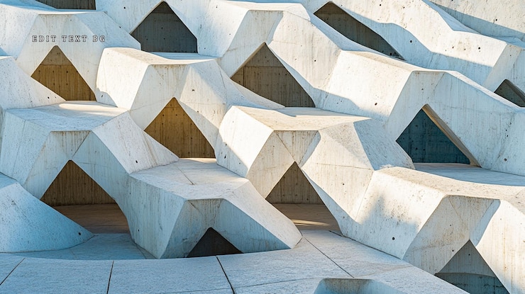 PSD estructura de hormigón geométrica abstracta con patrones y sombras triangulares repetidos