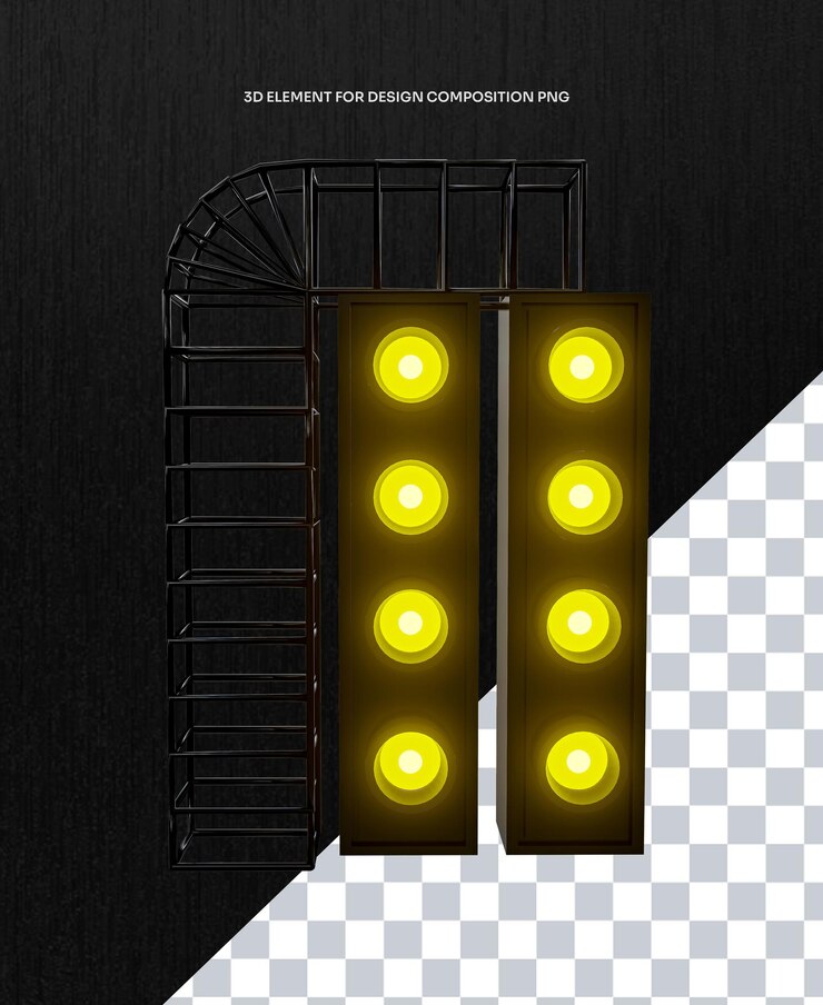 PSD estructura de luz de escenario 3d metálica con luces amarillas vista delantera png