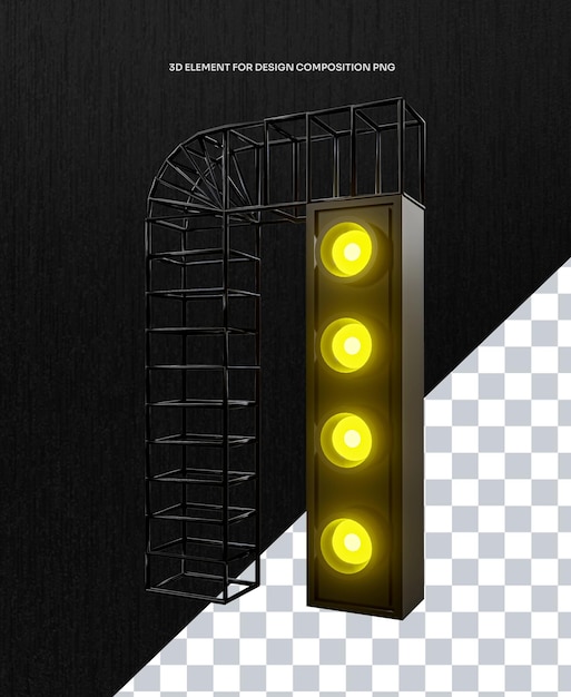Estructura de luz de escenario 3D metálica con luces amarillas Vista delantera PNG