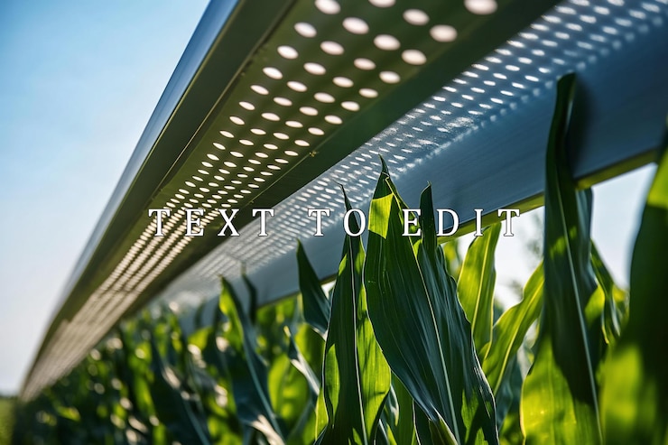 PSD estructura metálica perforada sombreando plantas de maíz verdes vibrantes bajo un cielo azul brillante