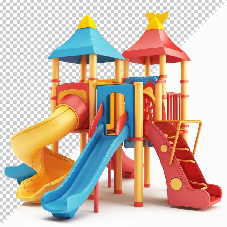 PSD estructura de patio de recreo de colores brillantes con toboganes y áreas de escalada diseñadas para el juego de los niños en un entorno al aire libre seguro
