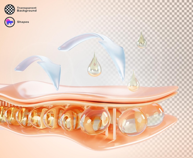 PSD estructura de la piel 3d renderizar fondo macro capa celular de la epidermis con tejido graso flechas infográficas y gota de aceite de oro colágeno suero líquido gotita cosmética hidratación y humedad