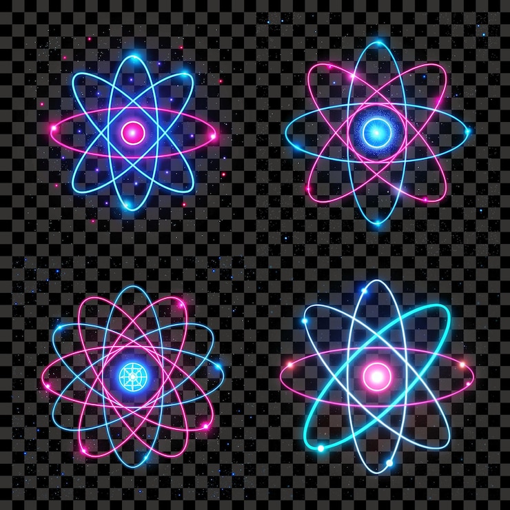 PSD estrutura atômica e molecular brilhante de néon com trilhas de luz isoladas fundo transparente png