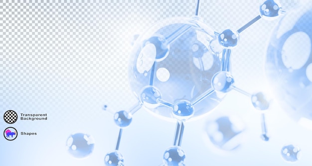 Estrutura de DNA 3d com célula de colágeno ou molécula de água em fundo azul claro render o soro de cuidados de beleza, a bolha de vitaminas da pele, a bola de óleo, a gota ou a essência de hidratação facial de cosméticos líquidos
