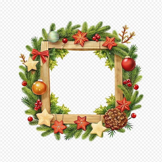 Estrutura de madeira rústica Decorações de Natal Coneis de pinheiro Ramos de abeto Ornamentos vermelhos Fronteira festiva