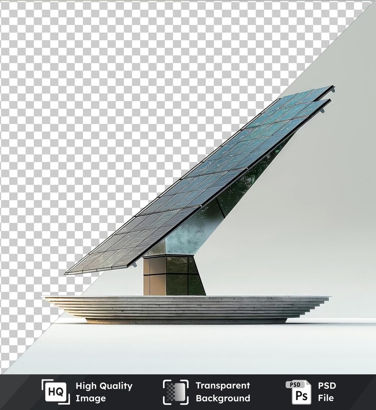 PSD estrutura de objeto transparente de painéis solares maquete de um edifício contra um céu cinzento