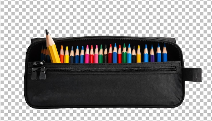 PSD el estuche de lápices negros abierto listo para la escuela