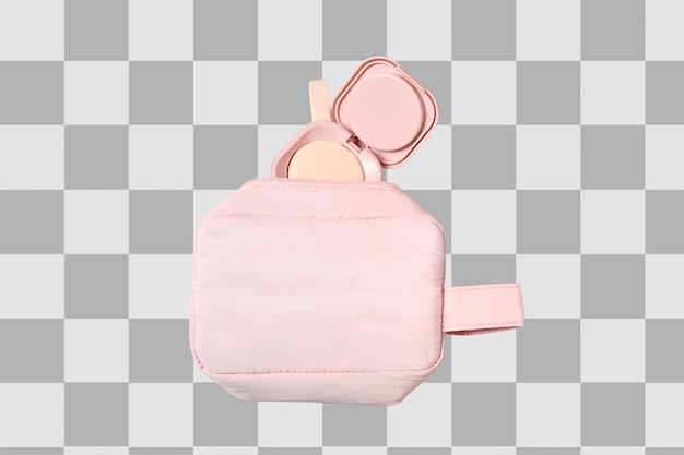 Estuche de maquillaje rosa con polvo y aplicador aislado en PNG blanco