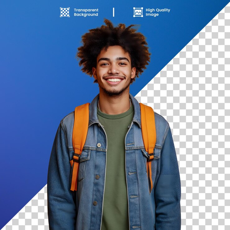 PSD estudante afro sorridente com mochila afro étudiante souriante avec un sac à dos
