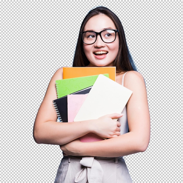 Estudante asiática sorridente segurando livros e arquivos estudante de faculdade ou escola e conceito de educação isolado em parede azul com espaço de cópia