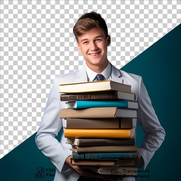 PSD estudante carregando pilha de livros isolados em fundo transparente incluem arquivo png