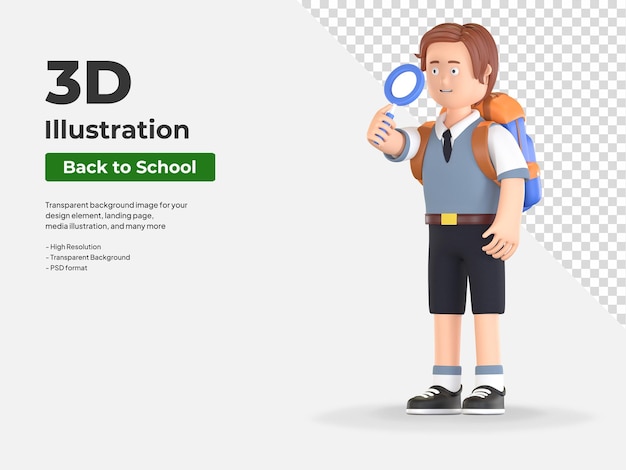 Estudante de escola menino segurando ilustração de desenho animado 3d de lupa