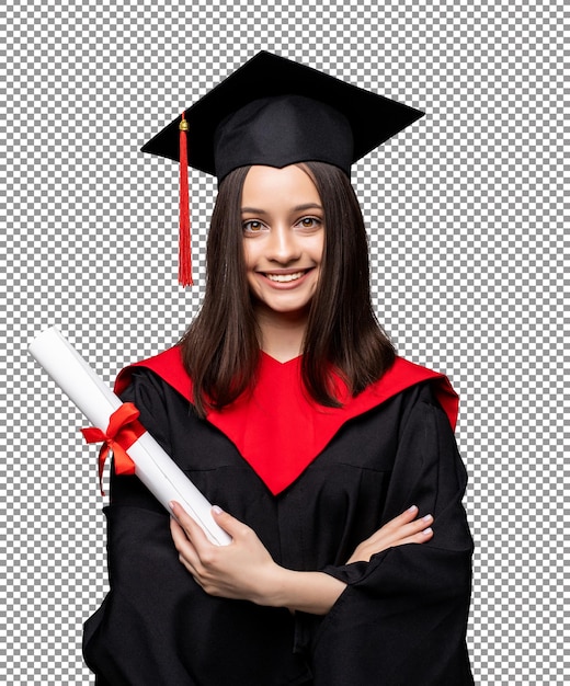 PSD estudante feliz com chapéu de formatura e diploma em fundo transparente