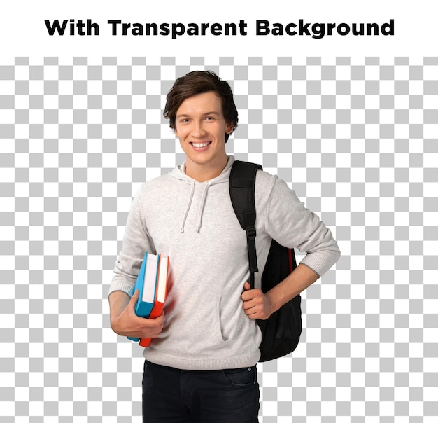 Estudante feliz com mochila e livros em fundo transparente