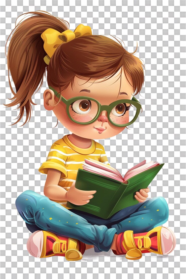 PSD estudante lendo um livro sozinha em fundo transparente