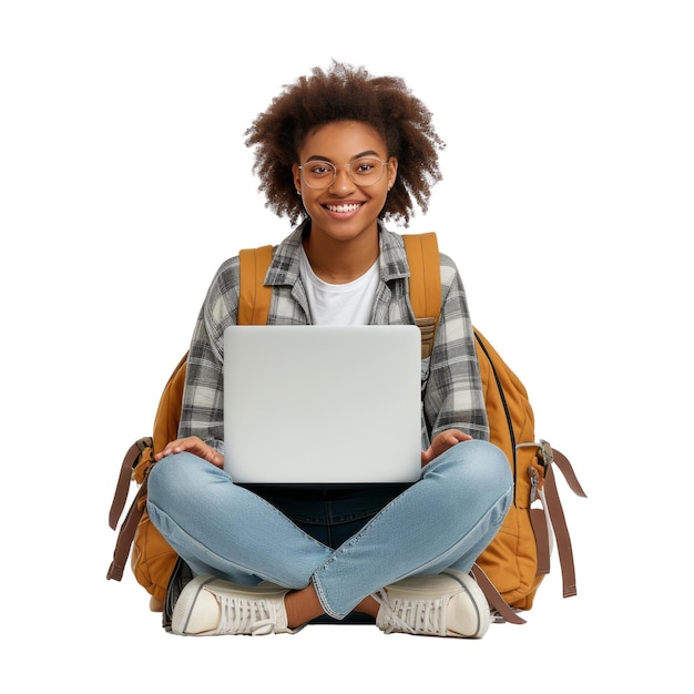 PSD estudante mulher negra feliz em roupas casuais usar trabalho em computador
