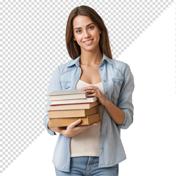PSD estudante sorridente segurando uma pilha de livros