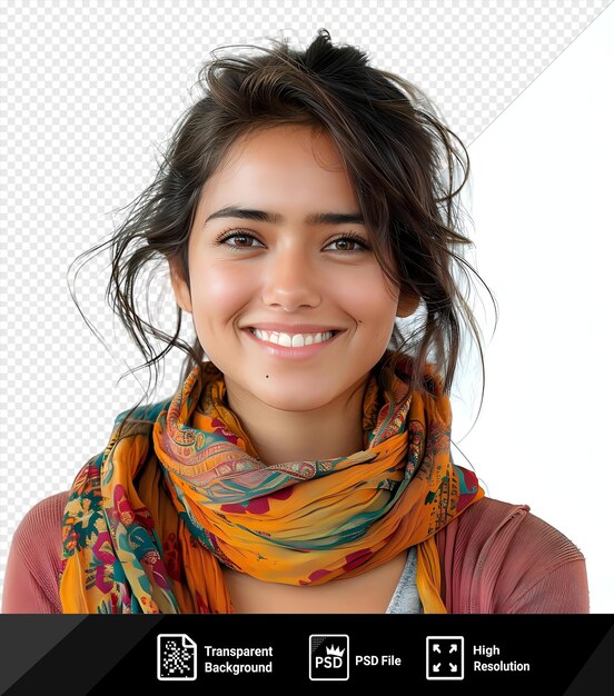 Estudante universitária indiana sorrindo para a câmera usando um lenço colorido com cabelos castanhos e olhos e um nariz pequeno png psd