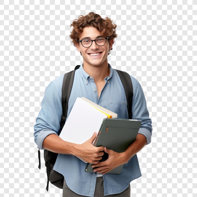 PSD estudante universitário segurando notebooks usando saco sorrindo em fundo de transparência psd