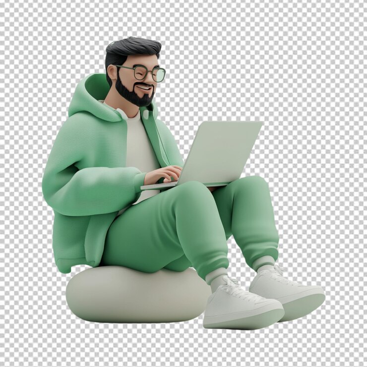 PSD estudiante en 3d usando una computadora portátil aislada sobre un fondo transparente