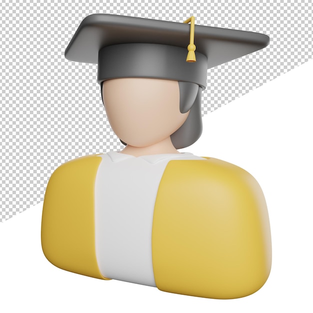 Estudiante académico Graduado vista lateral 3d renderizado icono ilustración avatar sobre fondo transparente