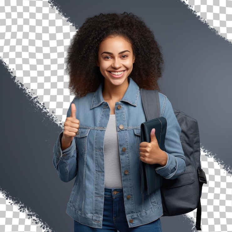 PSD estudiante afroamericano feliz con traje de denim y mochila aislado en un fondo transparente demostrando aprobación mientras lleva libros simboliza la educación y el aprendizaje superior