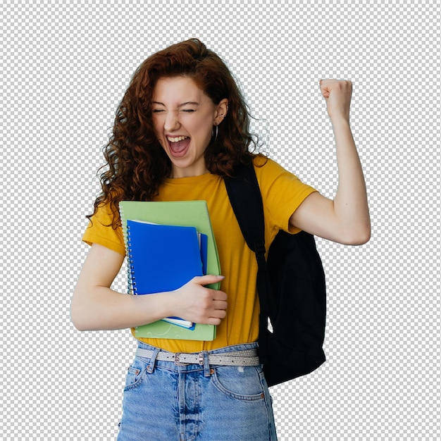 Estudiante aislada en fondo azul mostrando el gesto de la victoria