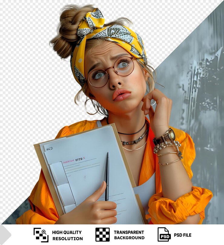 PSD estudiante ansiosa con accesorios sosteniendo cuadernos