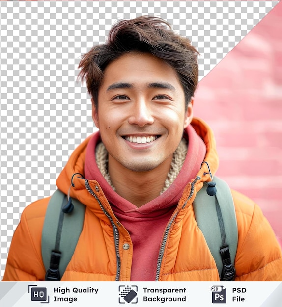 PSD estudiante asiático sonriendo en chaqueta naranja frente a la pared de ladrillo con cabello marrón nariz grande y marrón