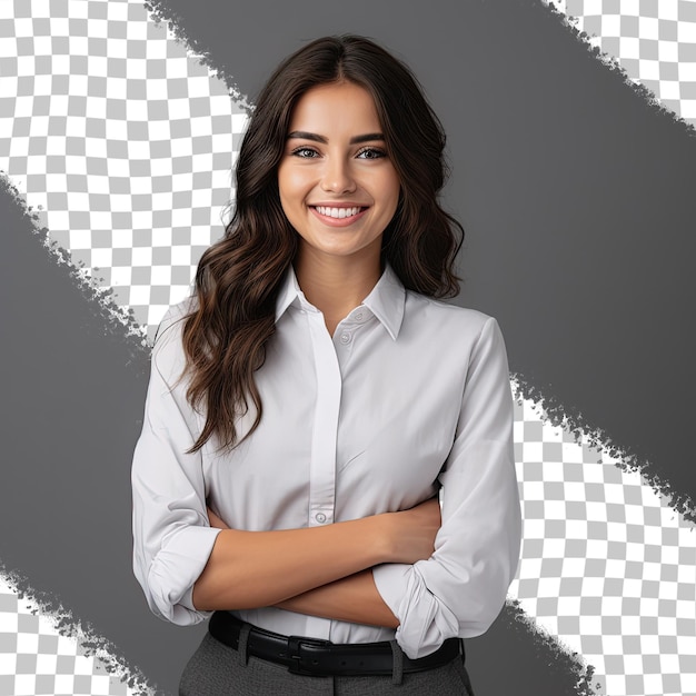 Estudiante bruneta feliz con una camisa blanca sonriendo con los brazos cruzados sobre un fondo transparente